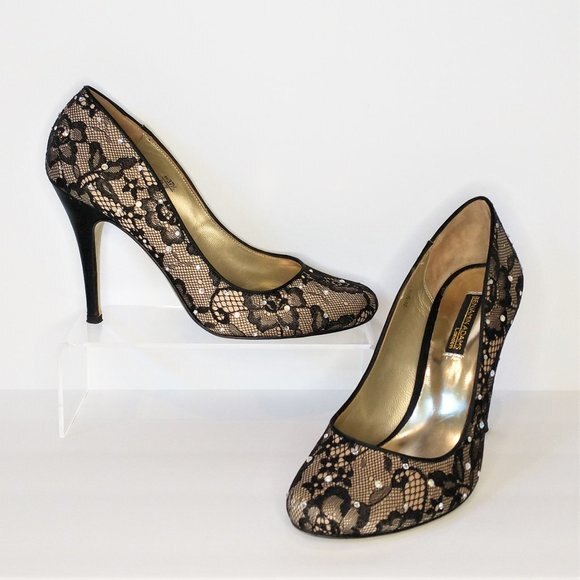 Benjamin Adams London Berlin Black Lace Pumps 7 Crystal Stiletto Formal Wedding - Picture 1 of 11